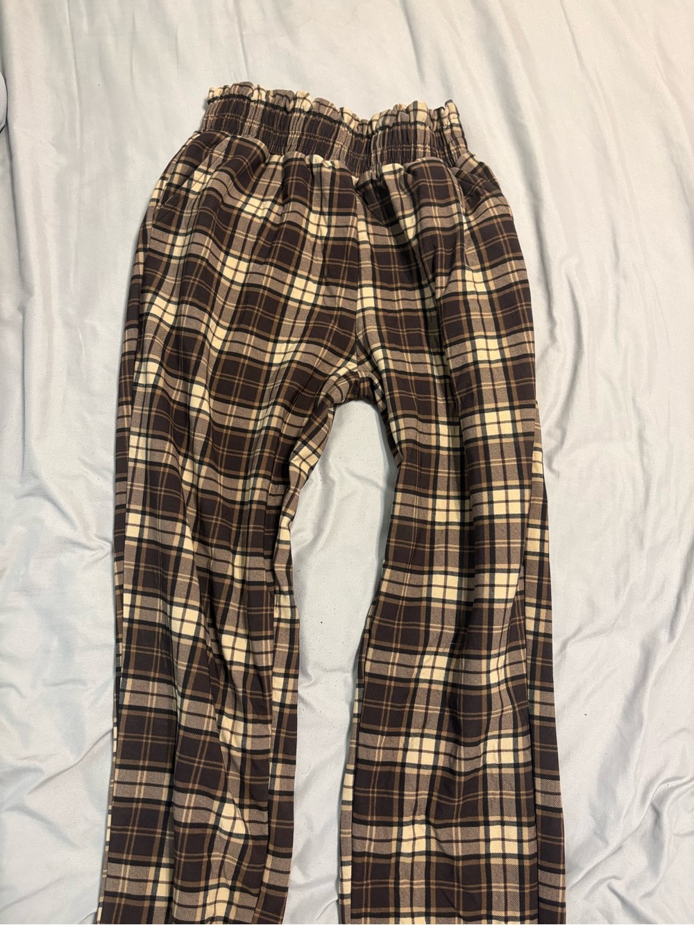 Wide Leg Plaid Pants in Brown/Cream